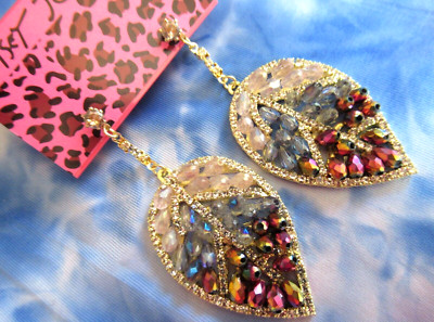BETSEY JOHNSON CRYSTAL & BEADS  LEAF DANGLE STATEMENT EARRINGS NWT