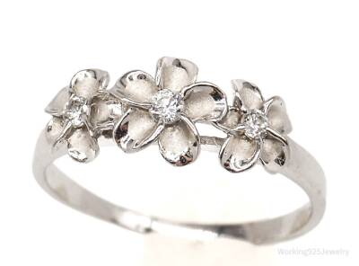 Vintage Cubic Zirconia Flowers Sterling Silver Ring - Size