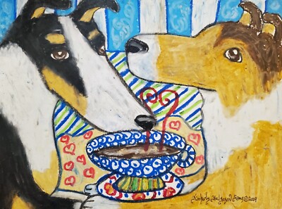 SMOOTH COLLIE Drinking Coffee Art Print 8x10 Signed by Artist Dog Collectible