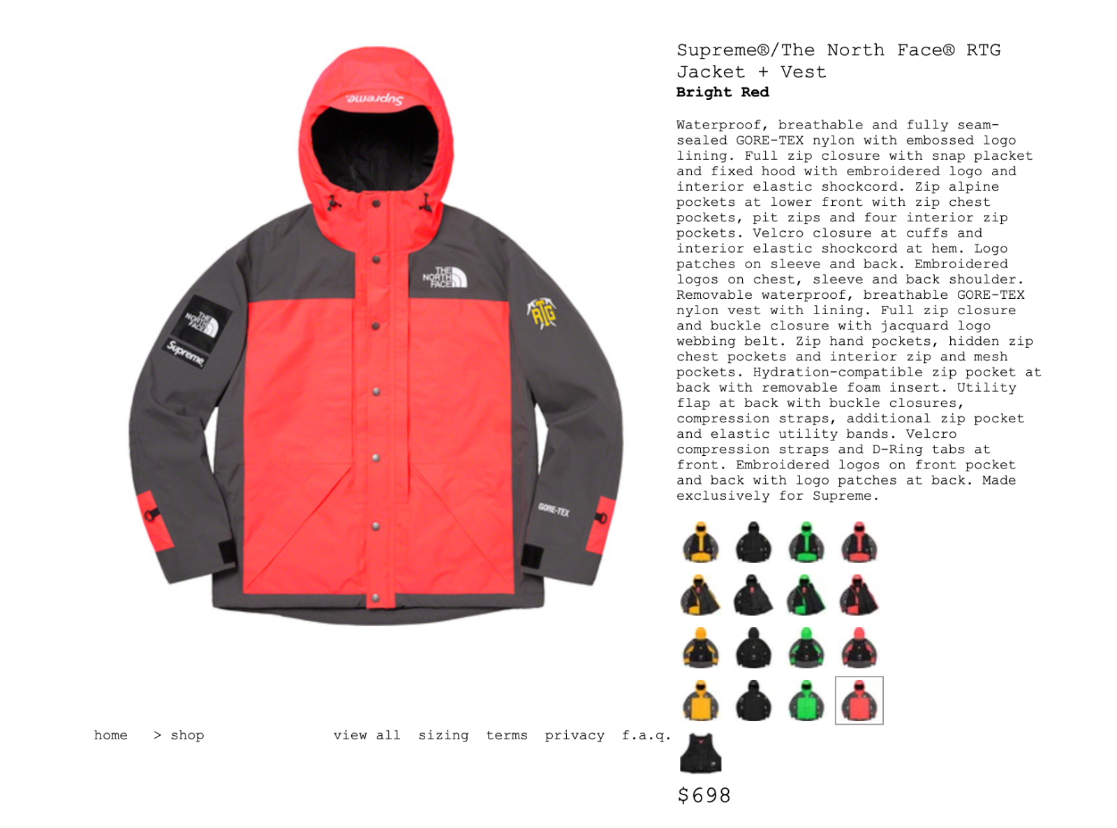 S/S 20 Supreme North Face RTG Jacket + Vest Bright Red Size S/S 20 Supreme North Face RTG Jacket + Vest Bright Red Size