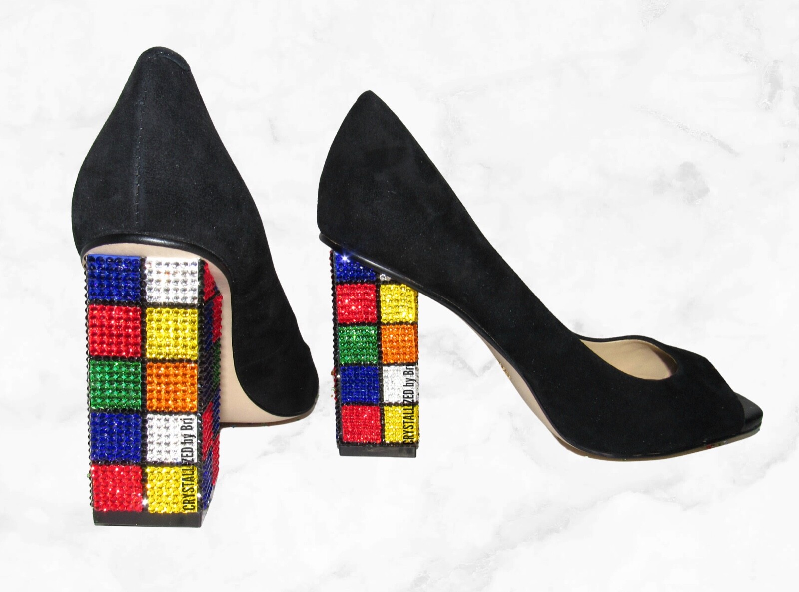 Pre-owned Katy Perry Bling  Heels Caitlin Austrian Crystal Rubik's Cube Bedazzled Custom In Black
