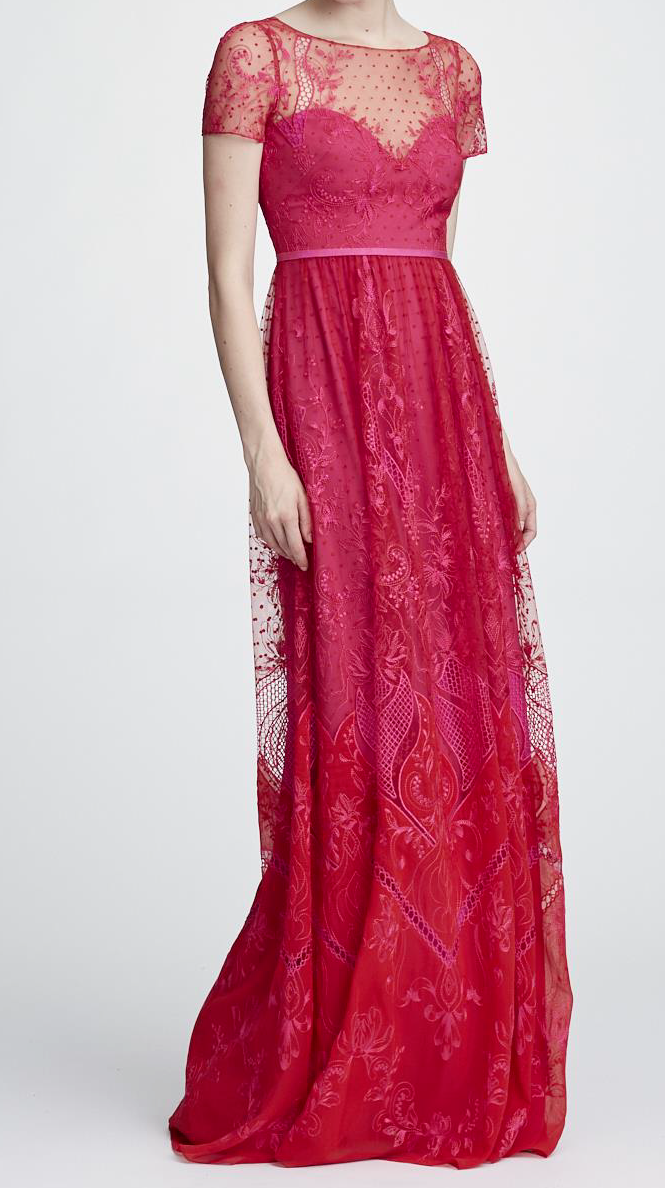 Pre-owned Marchesa Notte $1095  Short Sleeve Chiffon Lace Gown Red Embroidered Flower 6 In Red Pink