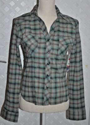 LUCY LUCY LOVE Plaid Cotton Fitted Snap Front AUSTIN Blouse Women's S NEW