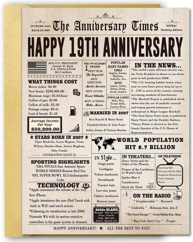 Retro 19 Years Anniversary Card for Women Men, Large 19Th Marriage Anniversary C