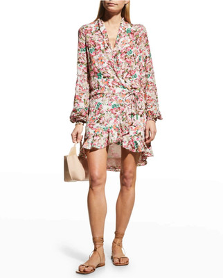 Rococo Sand off white pink roses Ruffle Floral Mini Dress XL wrap resort beach