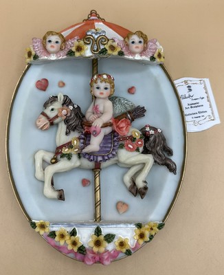 Vintage Alabaster Art Sculpture Resin Cupid Cherub Carousel Horse 3D Wall Decor