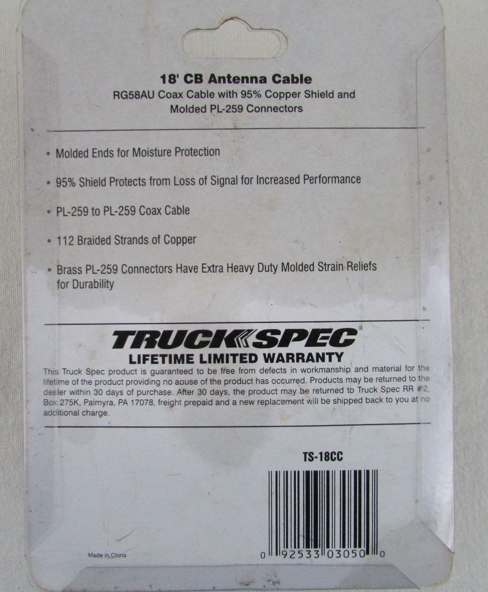 CB Antenna Cable Black By Truck Spec 18' TS-18CC New