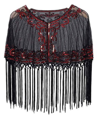 Fringed Bridal Evening Cape Beaded Sequin Deco 1920s Wraps Shawl Capelet Bole...