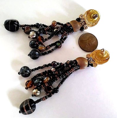 Goldtone and black and amber glass beads statement dangle boho pierced earrings