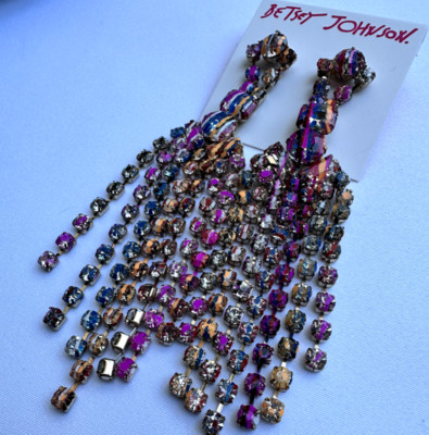 Betsey Johnson Harlem Shuffle Pink Graffiti Long Crystal Earrings Extremely Rare