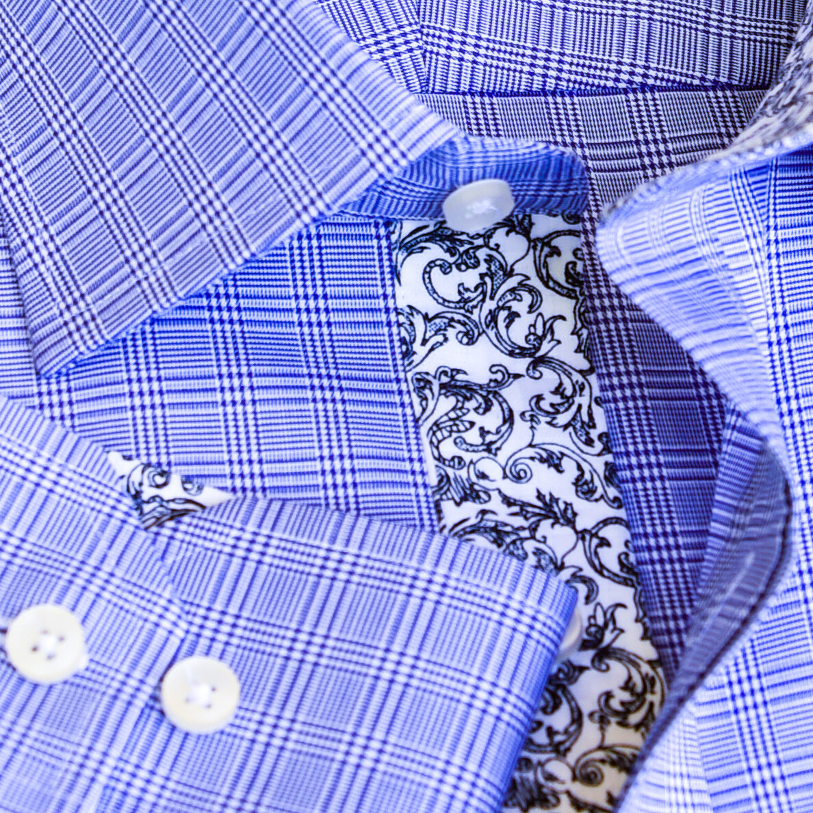 Blue Glen Check Business Dress Shirt Formal Floral Inner Lining Fashion Smart