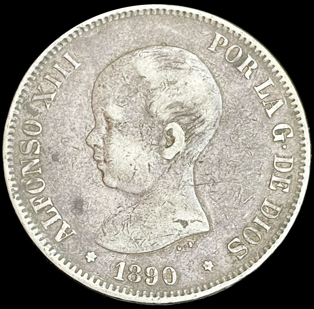 スペインアルフォンソ13世　幼少期8歳頃肖像　5ドル1899年銀貨PF プルーフ 1890 MP M SILVER SPAIN 5 PESETA BABY ALFONSO XIII 1ST
