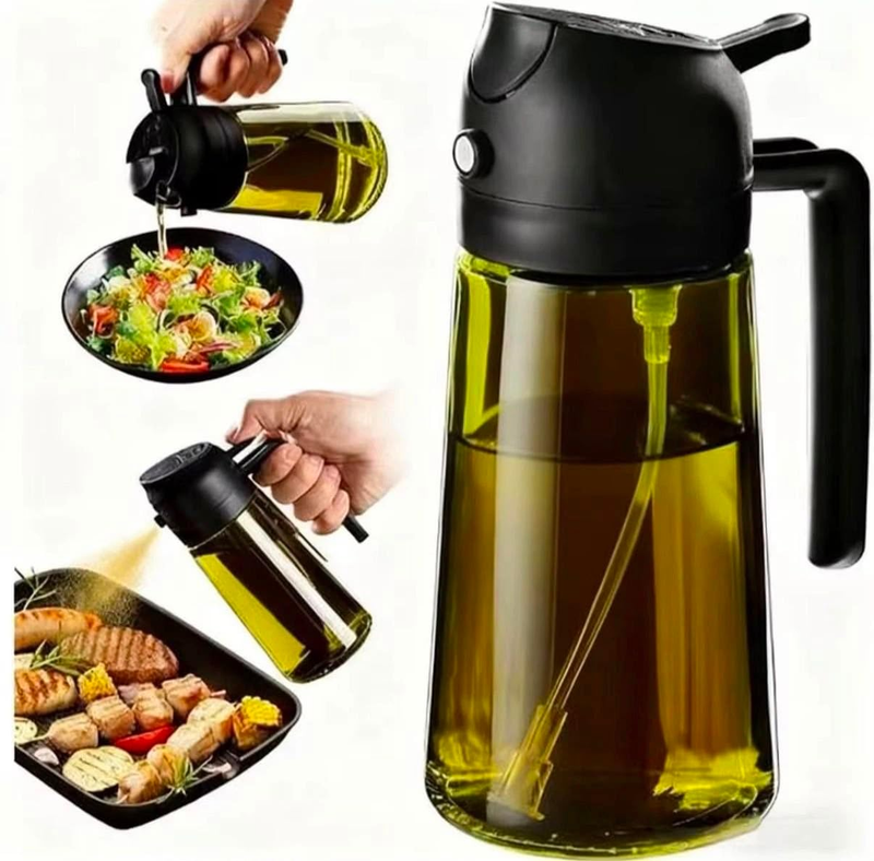 2 in 1 Glass Olive Oil Sprayer Dispenser Cooking Baking BBQ 470Ml (Black)