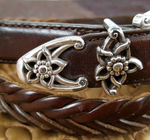 Brighton Womens Brown Braided Leather Belt Silver Trim Flowers Sz S 28 Western