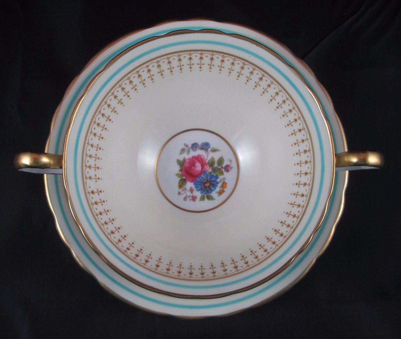 Vintage AYNSLEY Cream Soup and Saucer Teal Aqua Band Floral Center 7429 EUC