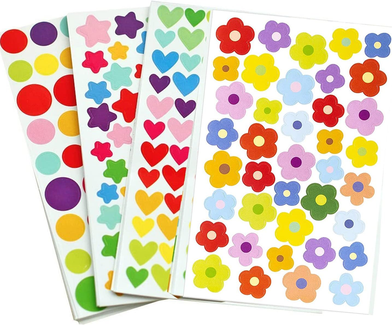 24 Sheets Cute Mini Small Flower Dot Heart Star Stickers Colorful 1516 Pcs Self