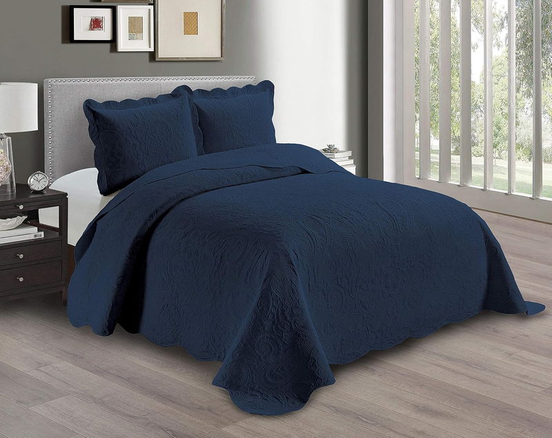 Embossed Coverlet Bedspread Set Oversized Solid Navy Blue Full/Queen Bed Cover B