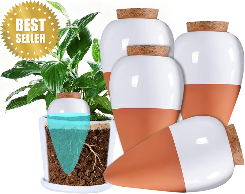 4 Pack Plant Self Watering Spike, 320 Ml Terracotta Watering Spikes with Lid, Se