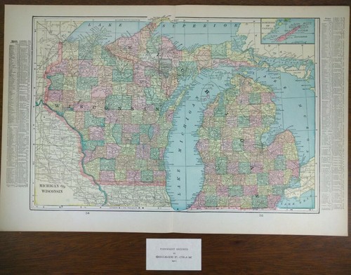 Vintage 1902 WISCONSIN MICHIGAN Map 22x14 ~ Old Antique Original KINGSFORD MAPZ