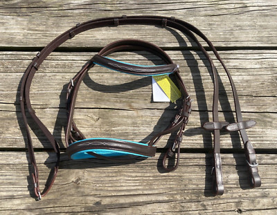 Dark brown /teal padded Miniature horse raised/stitched leather English bridle