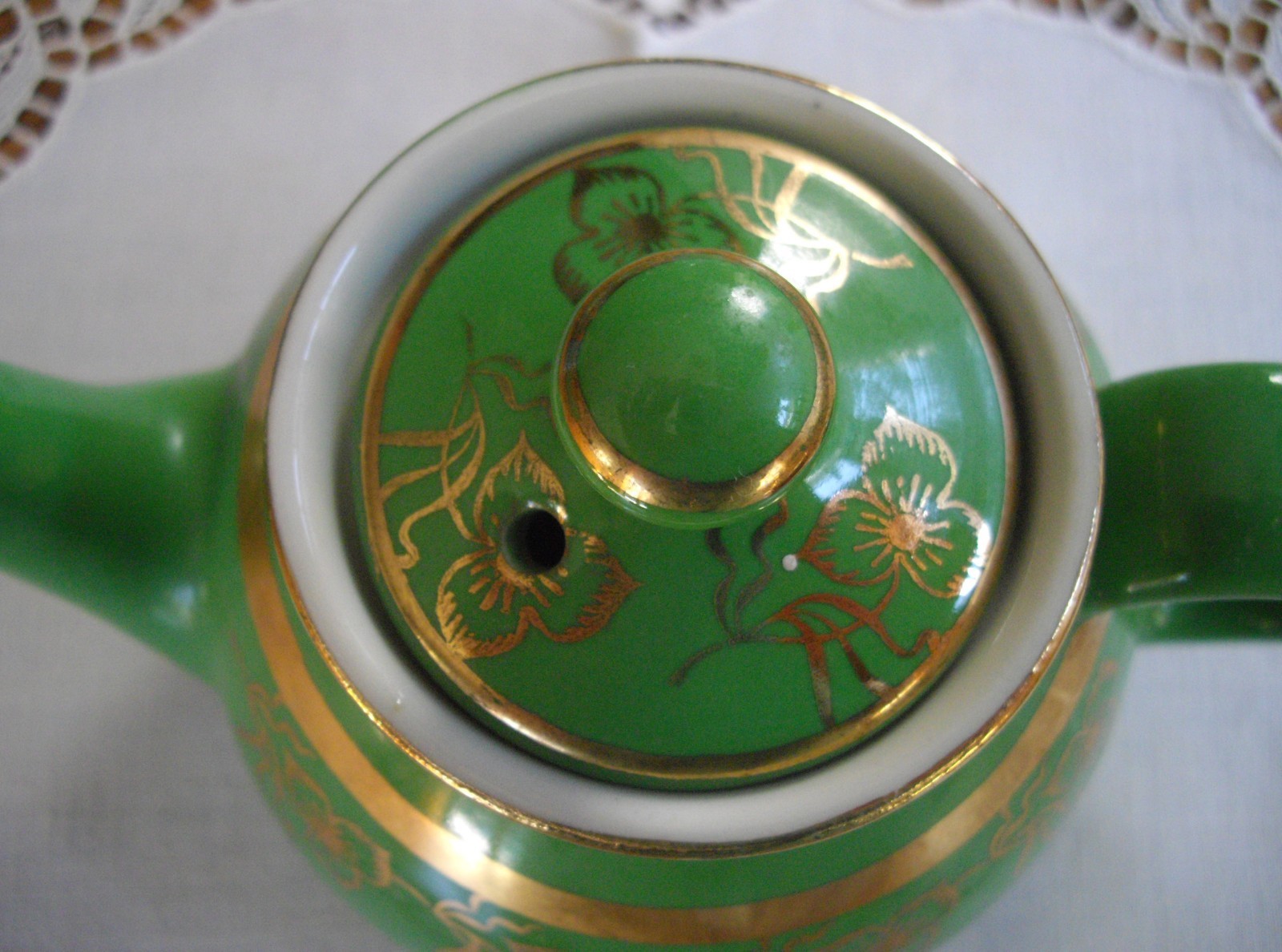 Vintage HALL Green & Gold 2-Cup Tea Pot w/Lid ~
