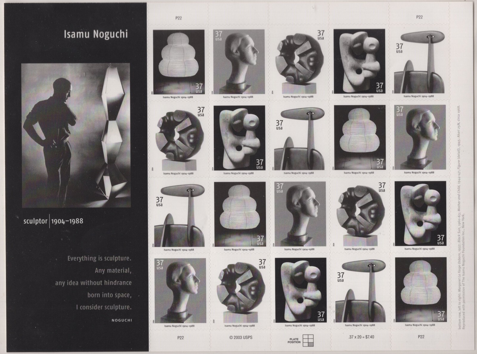 sacchiページ Scott 3857 - 3861 - Isamu Noguchi. Sheet of 20. MNH. OG. #02