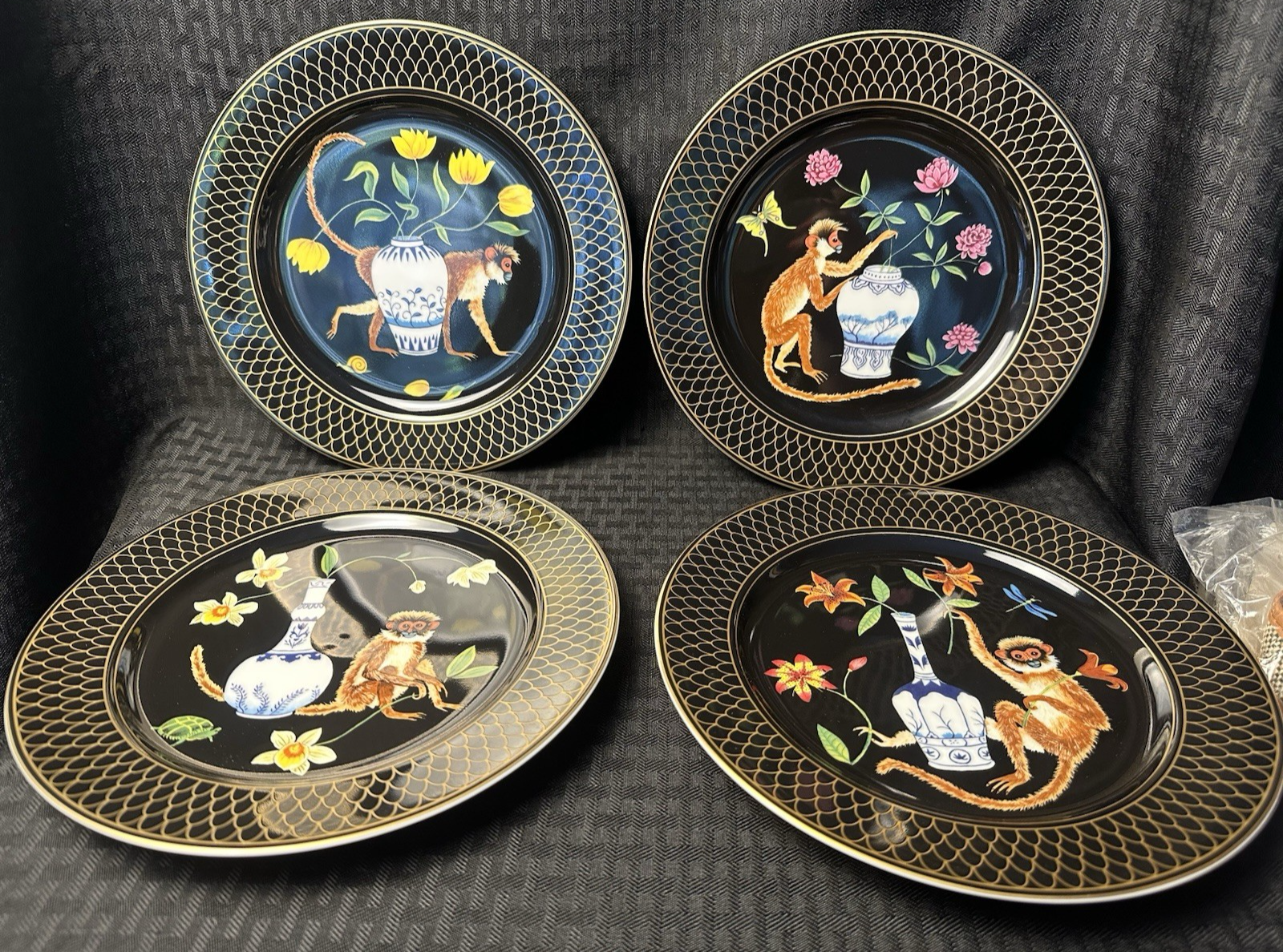Lynn Chase Monkey Garden Set of Four Plates 9” 24k Gold Accents