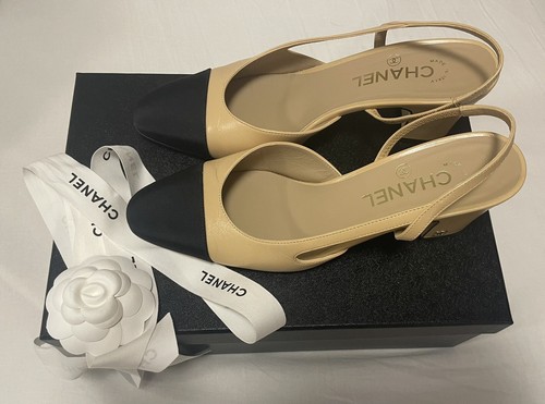 Chanel Slingback Heels Beige Black Size 38.5C (wide) | eBay