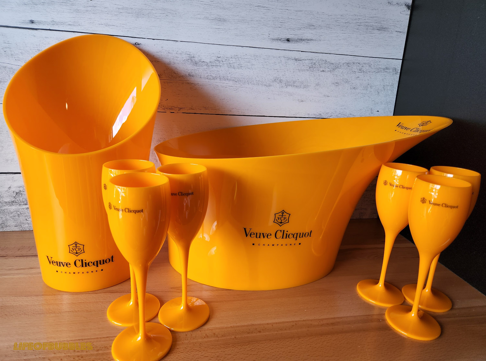 Veuve Orange Plastic Champagne Flute Glass | Matching Ice Bucket Set Options