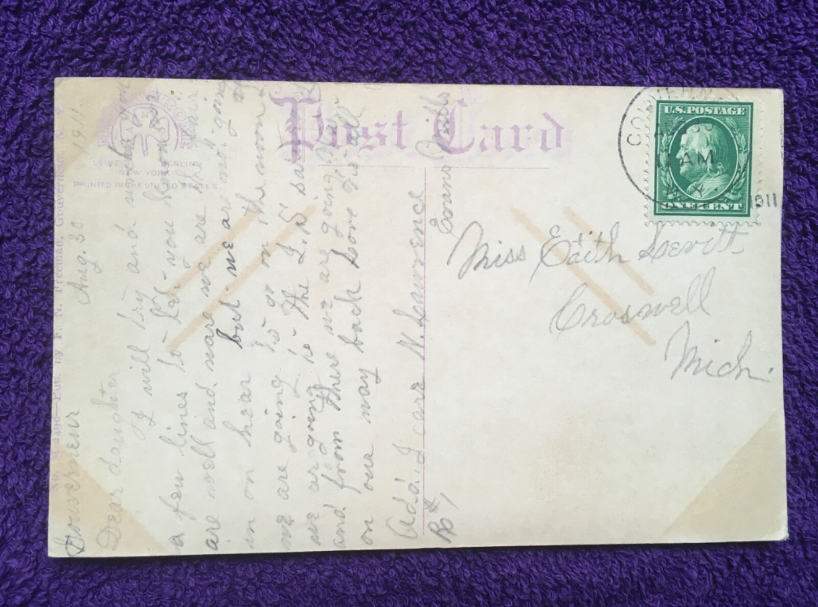 ANTIQUE 1911 NEW YORK STATE POSTCARD = MEZZOCHROME - FREEMAN N.Y.