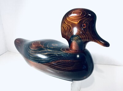 Vintage JB John Bundy Wood Duck Decoy Glass Eyes Swivel Head Signed 12  L 6.5  H