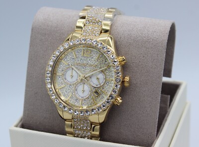 NEW AUTHENTIC MICHAEL KORS LAYTON CHRONO GOLD CRYSTALS GLYTZ WOMENS MK6977 WATCH