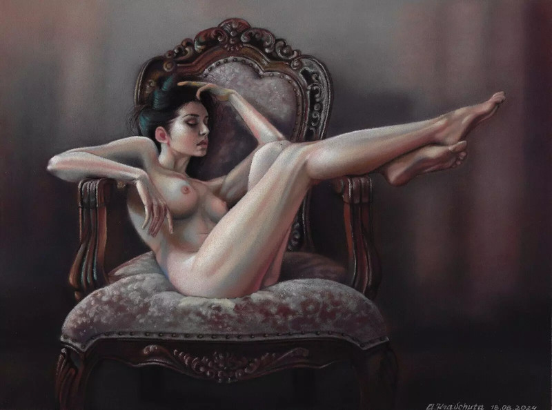 Belle Femme Nue Dans Fauteuil Dessin Original 30 X 40 Oeuvre Pastel  Nude Akt 