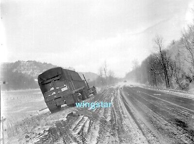 Old Photo 1942 Freightliner Stranded in Snow on Highway  w/Tow Truck  NEGATIVE
