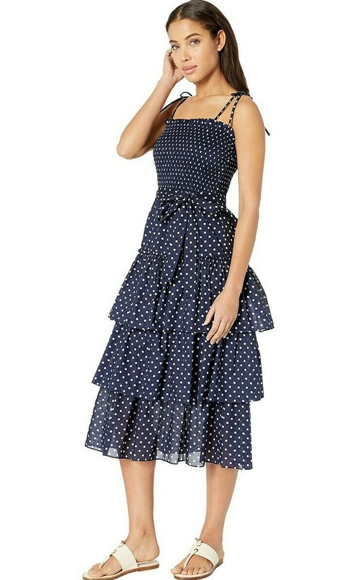 $358 NEW Tory Burch PRINTED RUFFLE DRESS Polka Dot Smocked
