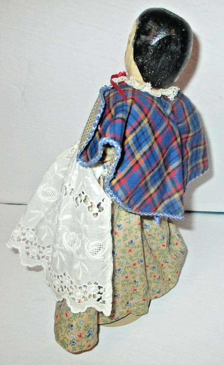 Antique Grodnertal Peg Wood Doll with Elaborate Vintage Outfit Dress Lace Apron