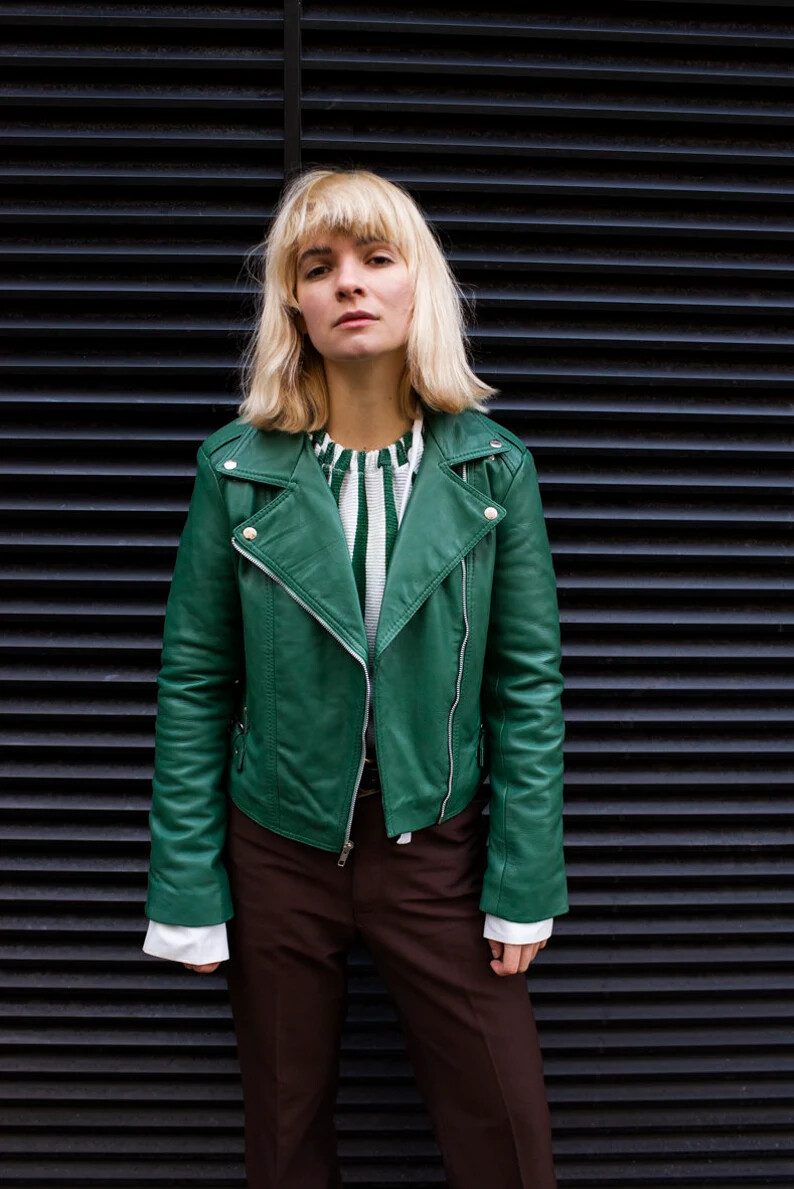 Stylish Green Genuine Lambskin Leather Jacket Handmade Biker