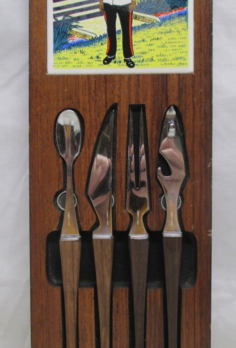 Vintage Nassau Wooden Wall Hanging Tile Stainless Bar Tools Teak Wood Handle