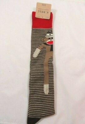  Women's Sock Monkey Brown Stripes Knee High K Bell Socks Size 9-11 Red Cuff C