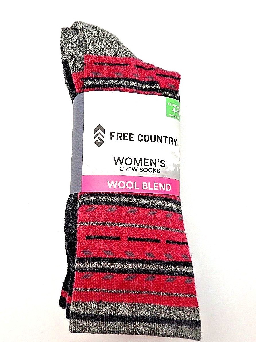 Free Country Women's Wool Blend Crew Socks Twisted Stripe 4 Pack