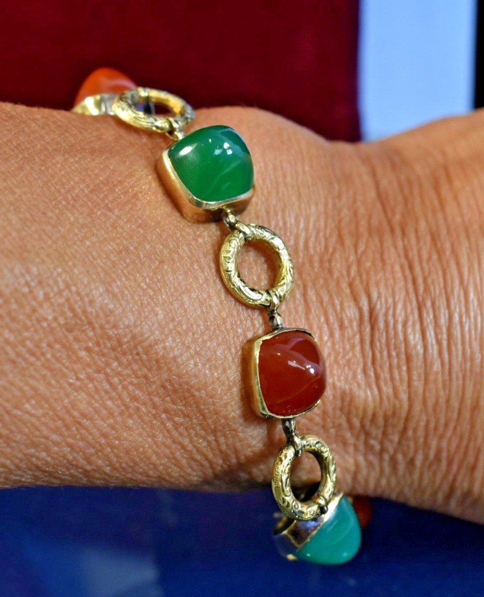 Antique Art Deco 14K Gold Chrysoprase Carnelian Gum Drop Cabochon Bracelet