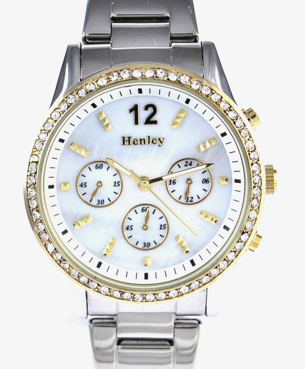 Henley Mujer Dos Tonos Reloj de Cuarzo con Real Brillante Mujeres Vintage de cristal brillante con perlas de relojes