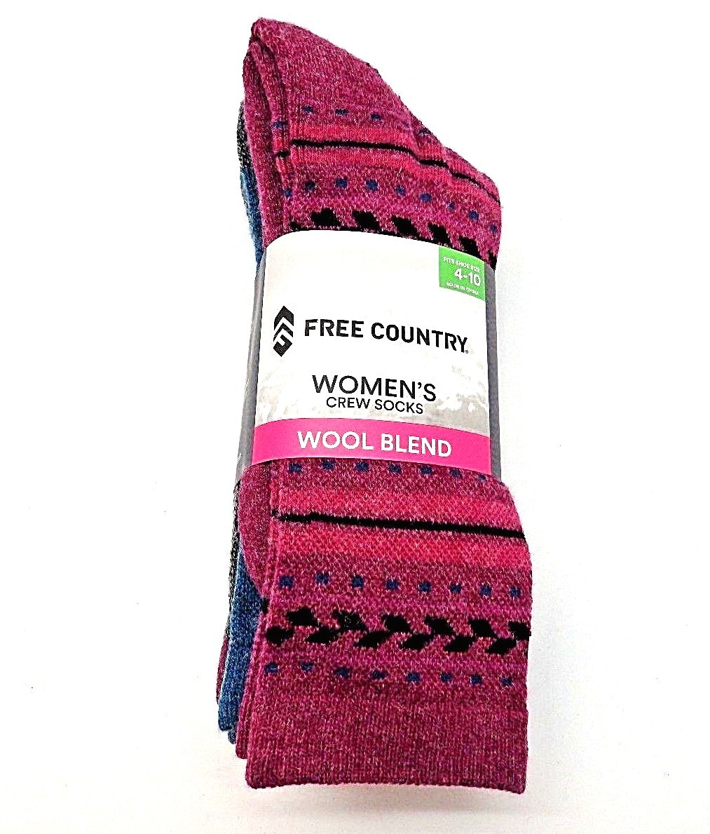 Free Country Women's Wool Blend Crew Socks Berry Stripe 4 Pack