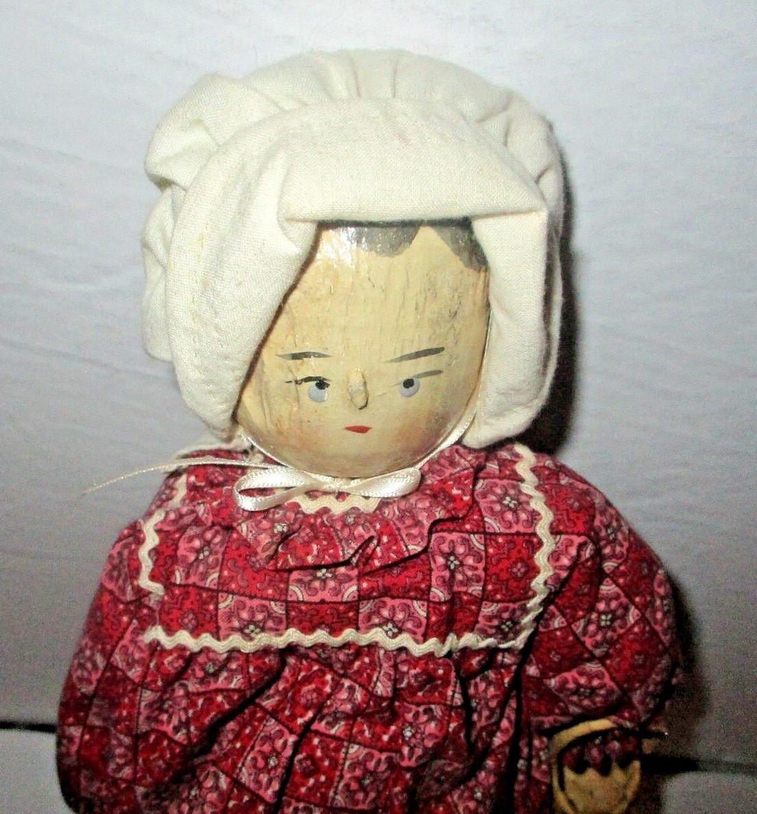 Antique Grodnertal Peg Wood Doll with Vintage Dress Eyelet Lace Pantaloons