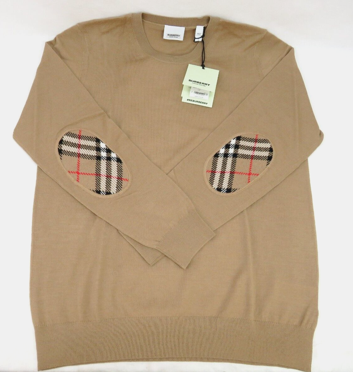 Pre-owned Burberry $830  Bempton Camel Merino Wool Elbow Check Patches Pullover Sweater S In Beige