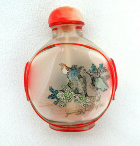 Chinese Red Peking Reverse Painted Glass Snuff Bottle ~ Bird & Hydrangeas 