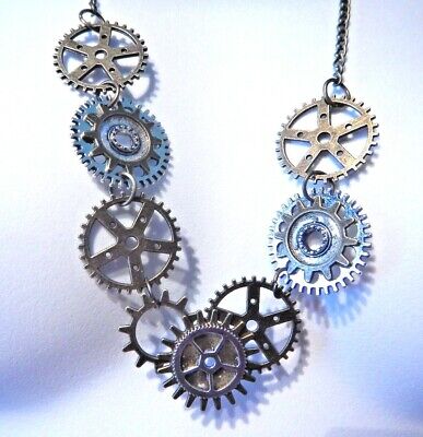 STEAMPUNK Bronze & silver gears sweater chain bib necklace cog clock-work new Z6