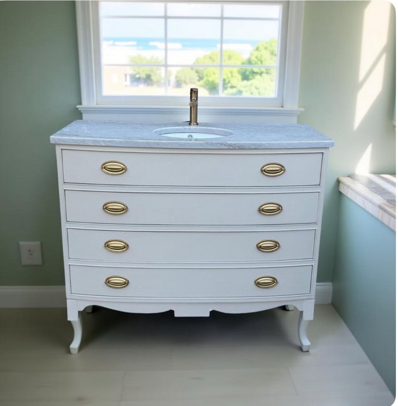 Vintage Drexel Custom Bathroom Vanity - Leathered Taj Mahal Quartzite