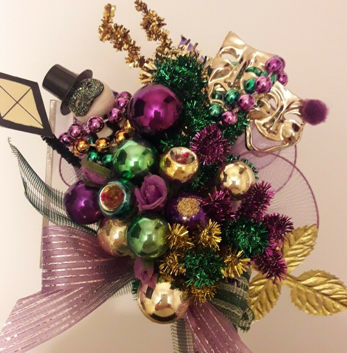 Vintage HANDMADE Mardi Gras Decoration Corsage Spun Cotton Millinery Masks Glass