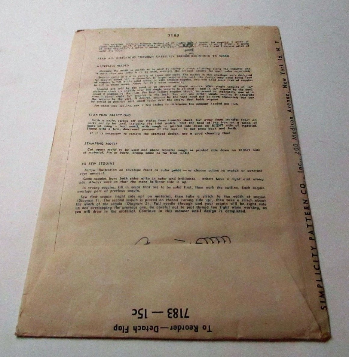 1940s Vintage Simplicity Embroidery Transfer Pattern 7183 Sequin Clothing Trims